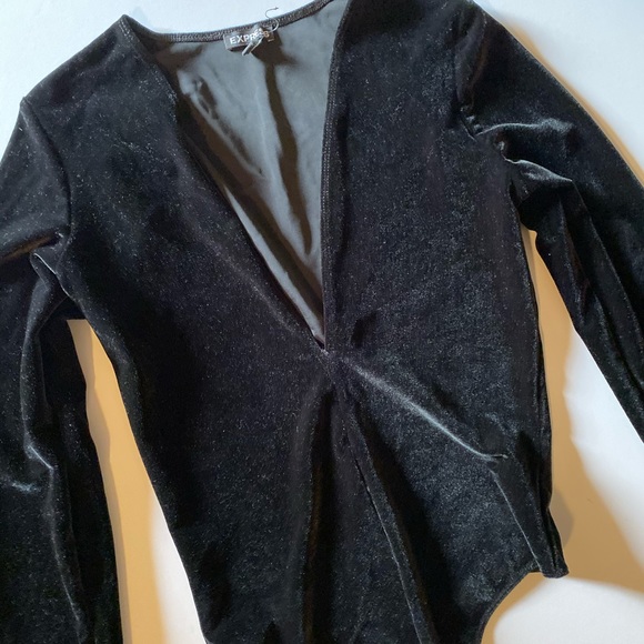 Express Black Deep V-Neck Velvet Bodysuit - Picture 3 of 5